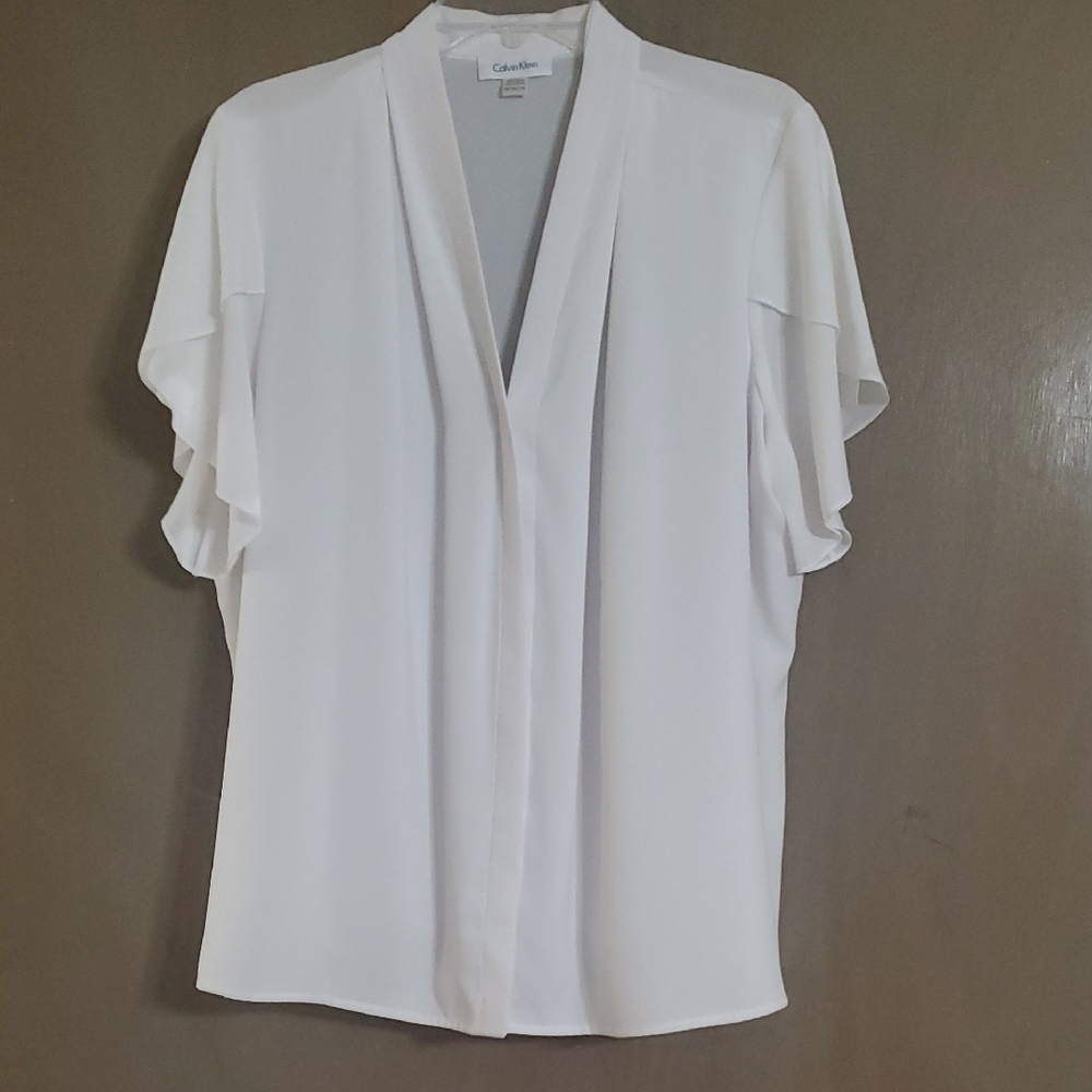 Calvin Klein Women's V-Neck Tulip Short Sleeve White Blouse